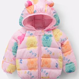 Kookie Kids Full Raglan Sleeves Padded Hooded Jacket with Bear Print & Ears Applique - Pink-image-17