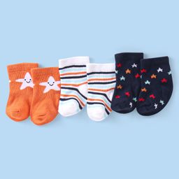 Cute Walk by Babyhug Knit Anti-Bacterial Ankle Length Socks with Striped & Star Design Pack of 3 - Orange White & Blue-image-91