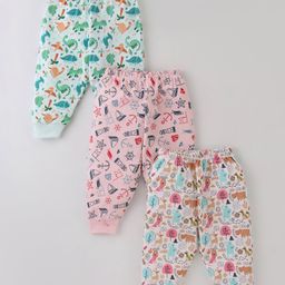 Cucumber Cotton Interlock Knit Full Length Lounge Pants With Animals & Nautical Theme Print Pack Of 3 - Light Green Cream & Baby Pink-image-2