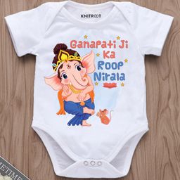 KNITROOT Ganesha Theme Half Sleeves Ganpati Ji Ka Roop Nirala Text Printed Onesie - White-image-4