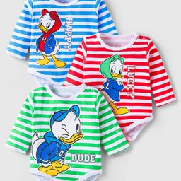 Babyhug Disney Interlock Knit Full Sleeves Striped Onesies with Donald Duck Print Pack of 3 - Red White & Blue-image-21