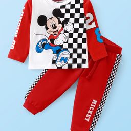 Babyhug Disney Terry Knit Full Sleeves T-Shirt & Lounge Pant Set With Mickey Mouse Graphics - Red & White-image-49