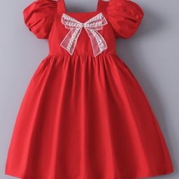 Mark & Mia Cotton Half Puffed Sleeves Frock with Bow Applique & PearlSequin Detailing - Red-image-4