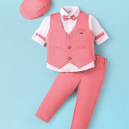 Rikidoos Full Sleeves Solid Shirt With Waistcoat Pant Cap & Bow Set - Red & White-image-100
