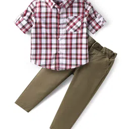 Babyhug Cotton Woven Full Sleeves Checkered Shirt and Trouser Set - Red & Olive-picture-34