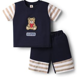 ToffyHouse Woven Half Sleeves Striped T-Shirt & Short Set With Bear Patch - Navy Blue-image-93