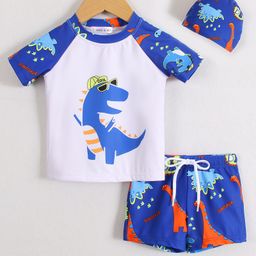 Mark & Mia Half Raglan Sleeves Two Piece Swimsuit & Cap with Dino Print - Blue-image-36