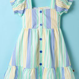 Dew Drops Poplin Woven Half Sleeves Striped Front Open Frock - Aqua Blue-image-76