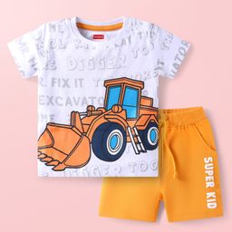 Babyhug Single Jersey Knit Half Sleeves T-Shirt & Shorts Set with JCBPrint -White & Yellow-image-99