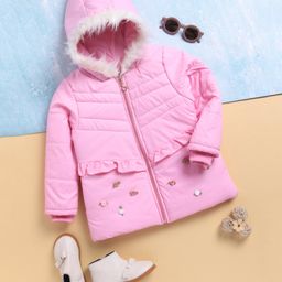 TOONYPORT Full Sleeves Rose Applique & Fur Detailed Hooded Jacket - Pink-picture-34