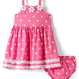 Babyhug Cotton Woven Sleeveless Polka Dot Printed Frock With Floral Applique & Bloomer - Dark Pink-picture-46