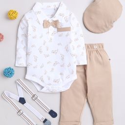 BUMZEE Cotton KnitFull Sleeves Dino Printed Onesie with Trouser Cap Bow & Suspender Set - Beige & White-image-77