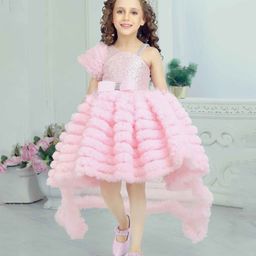 Lagorii Net One Shoulder Half Sleeves Sequins Embellished Bow Applique Detailed Ruffled Dress With Tailback - Pink-image-61