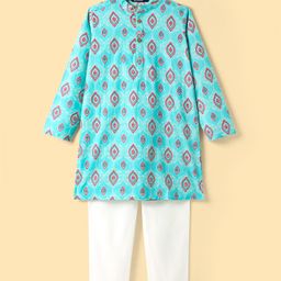 Pine Kids Cotton Woven Full Sleeves Kurta Pajama Set with Ethnic Motif Print - Aqua Blue & White-image-75