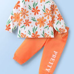 Doodle Poodle 100% Cotton Knit Full Sleeves Top & Lounge Pant Set With Floral Print - White & Orange-image-27