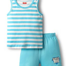Babyhug 100% Cotton Single Jersey Knit Sleeveless Sando & Shorts Set With Stripes - Light Blue-image-82