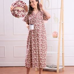 Bella Mama Cotton Woven Half Sleeves Maternity Nighty with Floral Print - Maroon-picture-32