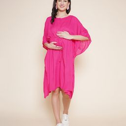 Mine4Nine Rayon Woven Half Batwing Sleeves Solid Maternity Kaftan Dress With Nursing Access - Pink-image-12