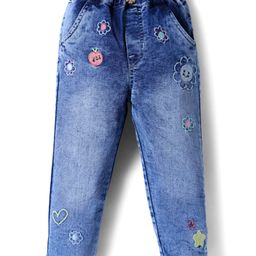 Olio Kids Denim Woven Full Length Jeans With Floral Embroidery - Light Blue-image-62