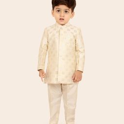 ETHNIKS NEURON Cotton Silk Woven Full Sleeves Threadwork Embroidered Sequins Embellished Kurta Pyjama Set - Cream-image-11