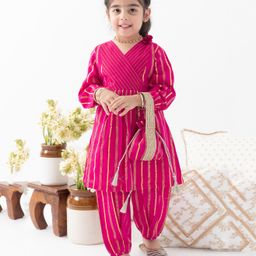Tiber Taber Cortton Lurex Woven Three Fourth Sleeves Foil Striped Kurti Pant Set - Pink-image-97