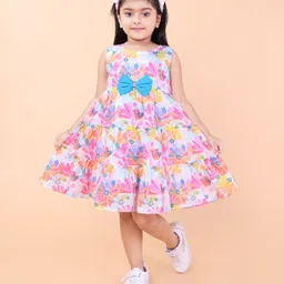 PINK MERMAID Cotton Knit Sleeveless Floral Printed Bow Applique Detailed Tiered Dress - Pink-picture-47