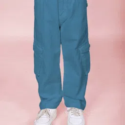 Kiddopanti Cotton Woven Solid Cargo Pants - Teal Blue-picture-1