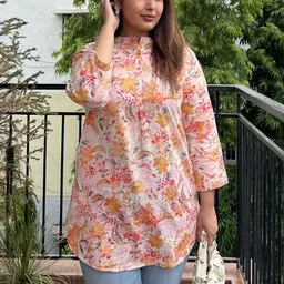 Janasya Women Floral Printed Mandarin Collar Pure Cotton Tunic-image-87