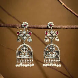 NAMAN ARTS Silver-Plated Artificial Stones Studded & Beaded Oxidised Drop Earrings-image-17