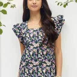Anouk Rustic Women Floral Print Square Neck Flutter Sleeve Top-image-12