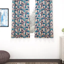 Bedspun Set Of 2 Cream & Navy Blue Printed Polyester Eyelet Ringtop Window Curtains image 1