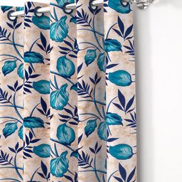 Bedspun Set Of 2 Cream & Navy Blue Printed Polyester Eyelet Ringtop Window Curtains image 2