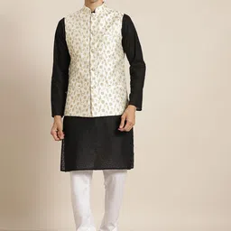 SOJANYA Men Black Chikankari Pure Cotton Kurta with Churidar & Nehru Jacket-image-49