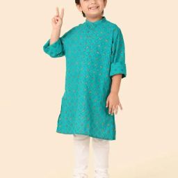 Fabindia Boys Teal Cotton Printed Full Sleeves Kurta Long-image-84