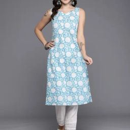 Indo Era Blue Cotton Printed Straight Kurta-image-42