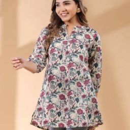 Janasya Beige Cotton Floral Tunic-image-34
