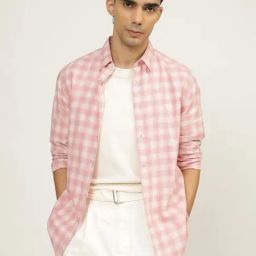Andamen Pink Cotton Slim Checks Shirt-image-74