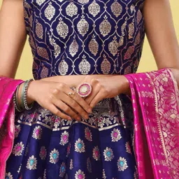 PURVAJA Navy Printed Stitched Lehenga & Unstitched Blouse With Dupatta image 5