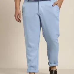 Sojanya Blue Cotton Regular Slim Fit Self Pattern Flat Front Trousers-image-32
