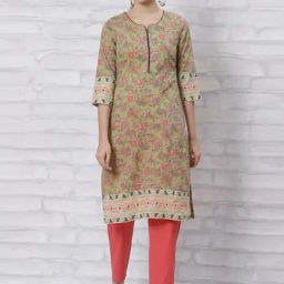 Rangriti Olive Green Cotton Printed Straight Kurta-image-45