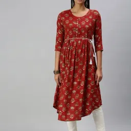 SHOWOFF Red Cotton Printed Calf Length A Line Kurta-picture-28