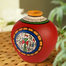 ExclusiveLane 6 Inch Terracotta Handpainted Warli Matki Shaped Vase In Red-image-60
