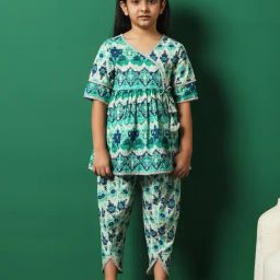 READIPRINT FASHIONS Kids Sea Green Printed Kurti with Patiala-image-1