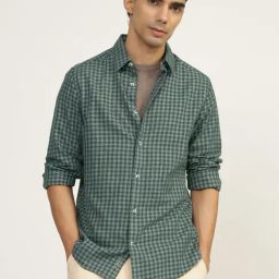Andamen Green Cotton Slim Checks Shirt-image-34
