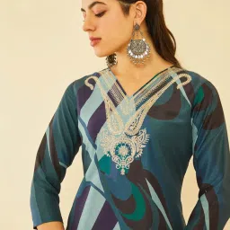 Soch Teal Poly Muslin Abstract Printed Kurta With Sequins Work image 5