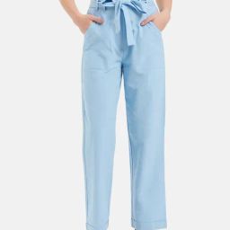 Kazo Blue Linen Straight Fit High Rise Trousers-image-16