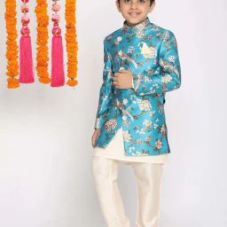 VASTRAMAY Boys Turquoise Floral Full Sleeves Indowestern Sets-38