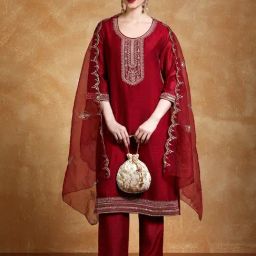 Varanga Maroon Embroidered Kurta, Trousers with Dupatta-image-7