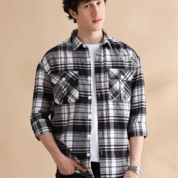 Bushirt Black Cotton Polyblend Loose Fit Checks Shacket-image-87
