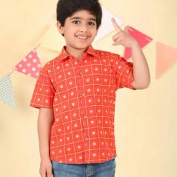 Fabindia Boys Red Cotton Linen Floral Shirt-picture-5